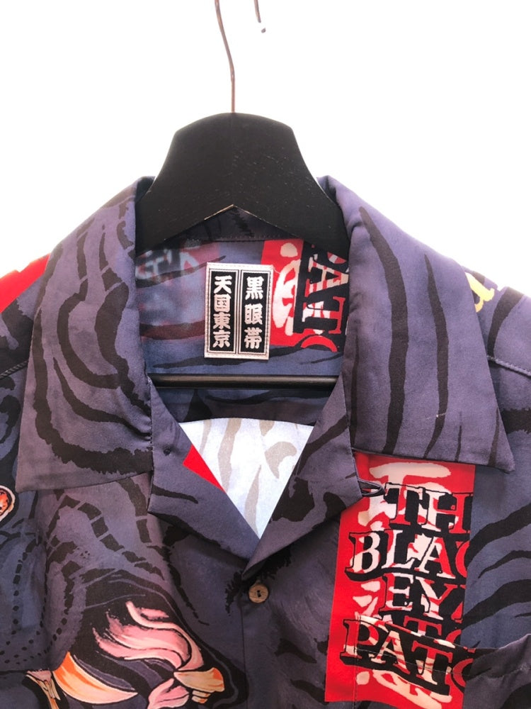 ブラックアイパッチ BlackEyePatch WACKO MARIA ワコマリア コラボ HAWAIIAN SHIRT S/S ハワイアンシャツ  開襟 オープンカラー ロゴ 紺 BEP-WM-HI01 半袖シャツ プリント ネイビー Mサイズ 104MT-67 | 古着通販のドンドンサガール