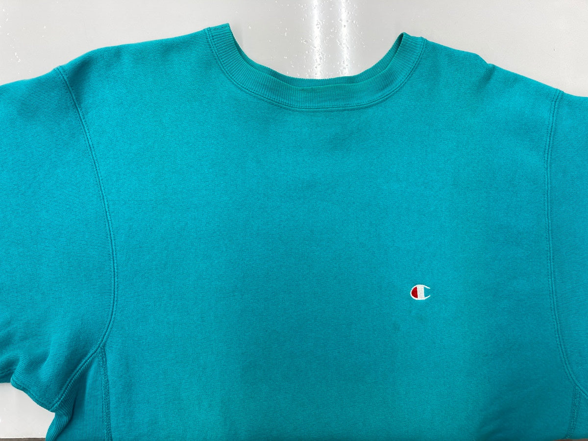 美品 M ターコイズ リバースウィーブ M 刺繍タグ usa 刺繍タグ】Champion リバースウィーブ 90's M ターコイズ