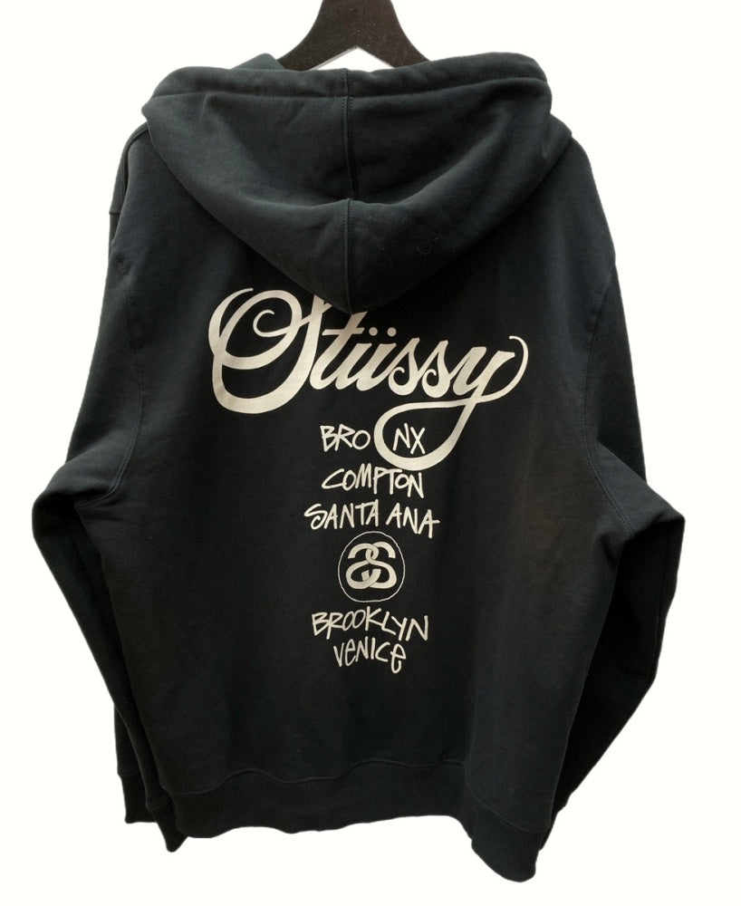 ステューシー STUSSY WORLD TOUR ZIP HOODIE ワールド ツアー ジップ フーディ スウェット パーカー プリント BLACK 黒  パーカ ロゴ ブラック Lサイズ 104MT-737 | 古着通販のドンドンサガール