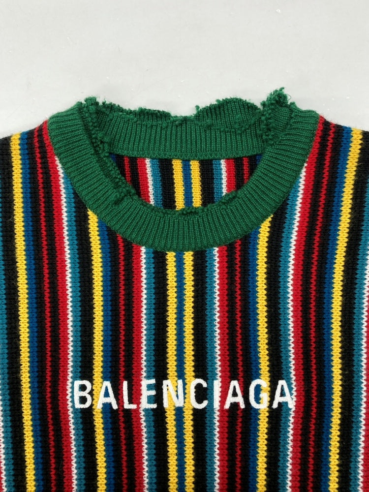 バレンシアガ BALENCIAGA ロゴ 刺繍 ニット クルーネック ダメージ加工 ストライプ UP57 2018 00224 セーター ボーダー マルチカラー  Mサイズ 104MT-632 | 古着通販のドンドンサガール