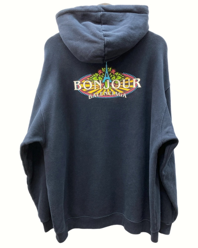 バレンシアガ Balenciaga 20SS BONJOUR bal Hoodie ボンジュール ロゴ フーディー プルオーバー 紺 FT75 600583 THV61 パーカ プリント ネイビー Lサイズ 104MT-499