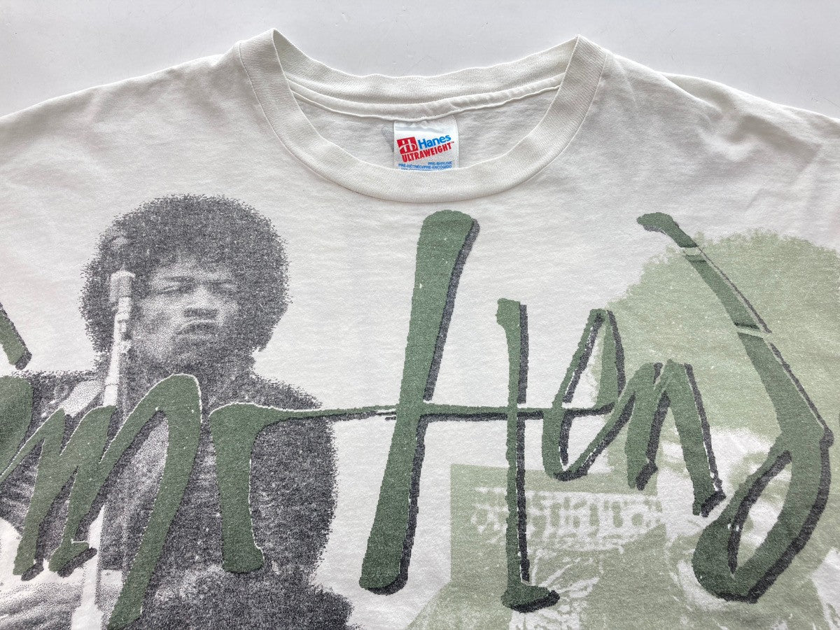 ヴィンテージ VINTAGE ITEM 90's Jimi Hendrix ジミ・ヘンドリックス ジミヘン 大判 総柄 プリント 袖裾  シングルステッチ 白 XL Tシャツ 総柄 ホワイト 104MT-166 | 古着通販のドンドンサガール