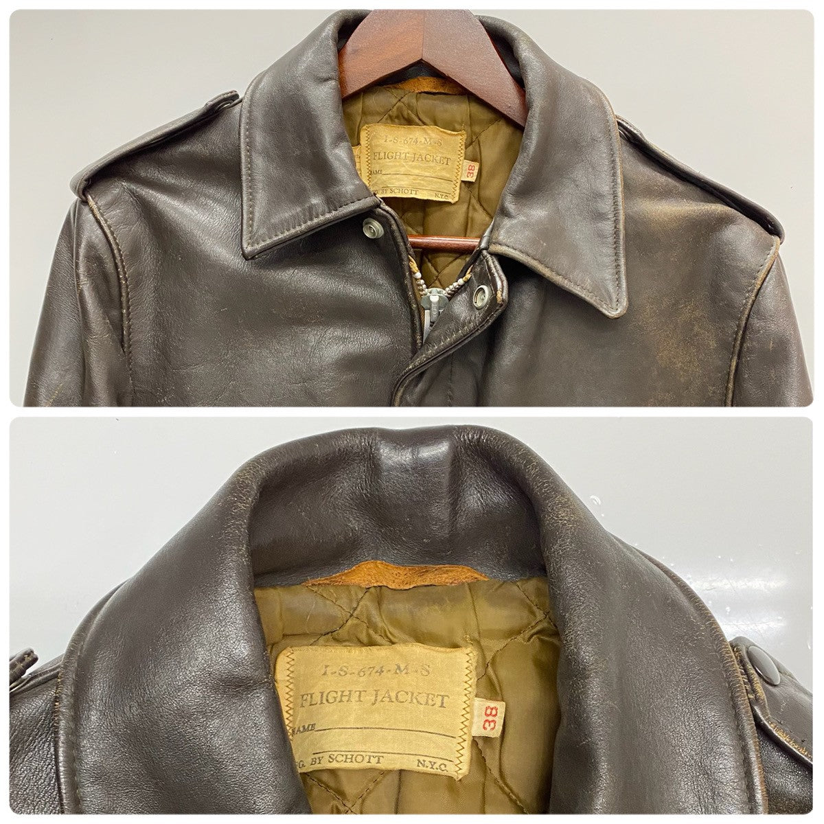 80’s Schott A-2 ブラウン レザージャケット ヴィンテージ 38 80's SCHOTT LEATHER A-2 style ZIP JACKET,USED/VINTAGE (Men's