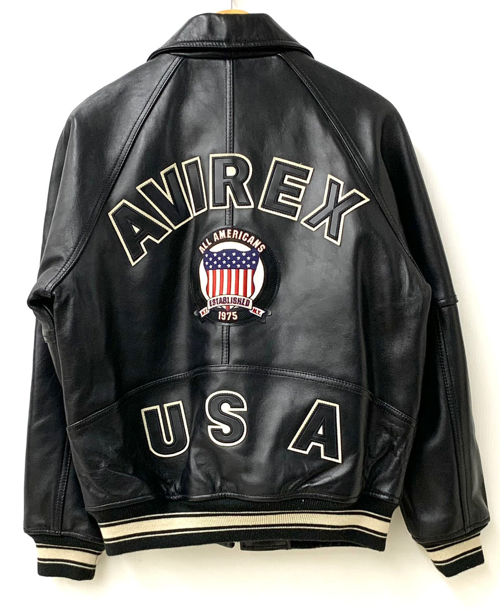 アヴィレックス AVIREX シグネチャー バーシティージャケット SIGNATURE VARSITY JACKET ラムレザー 羊革 6151076  ジャケット ロゴ ブラック 201MT-1821