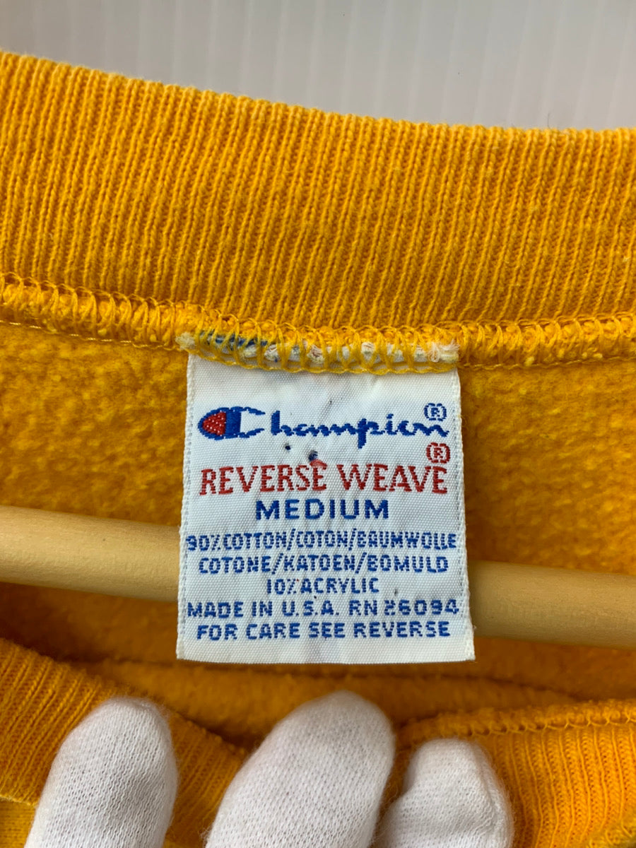 チャンピオン Champion リバースウィーブ REVERSE WEAVE 90s 90年代 刺繍タグ クルーネック プルオーバー トレーナー  USA製 スウェット ロゴ イエロー Mサイズ 201MT-1355 | 古着通販のドンドンサガール