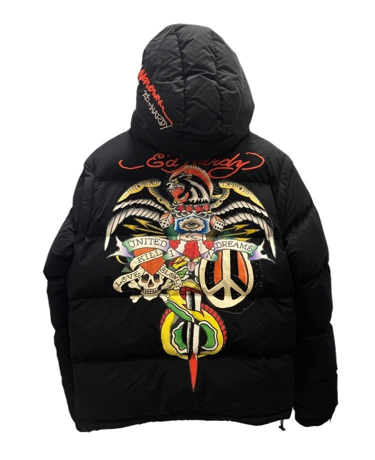 アンノウン ロンドン UNKNOWN LONDON EH Multi Patches Puffer Jacket エド ハーディー パフジャケット  アウター 黒 ジャケット 刺繍 ブラック Mサイズ 101MT-2081 | 古着通販のドンドンサガール