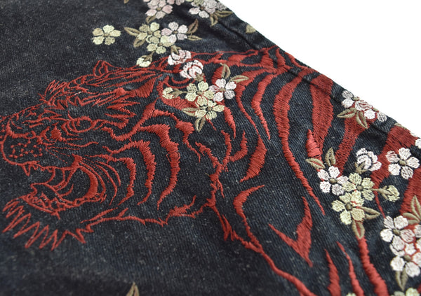 リュウギアッサク 流儀圧搾  花鳥風月和柄 刺繍  花柄 デニムパンツ デニム ブルー 32 103MB-682