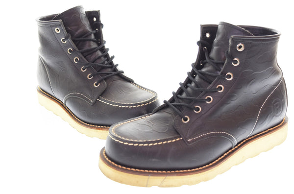 アベイシングエイプ A BATHING APE  サル カモ柄 型押し レースアップブーツ メンズ靴 ブーツ ワーク ブラック 8 103S-1255