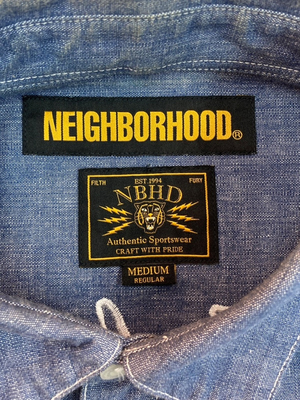 ネイバーフッド NEIGHBORHOOD CHAMBRAY C-SHIRT SS シャンブレー シャツ 半袖 スカル 骸骨 ボタン 青 181BENH-SHM04 半袖シャツ 刺繍 ブルー Mサイズ 104MT-1395