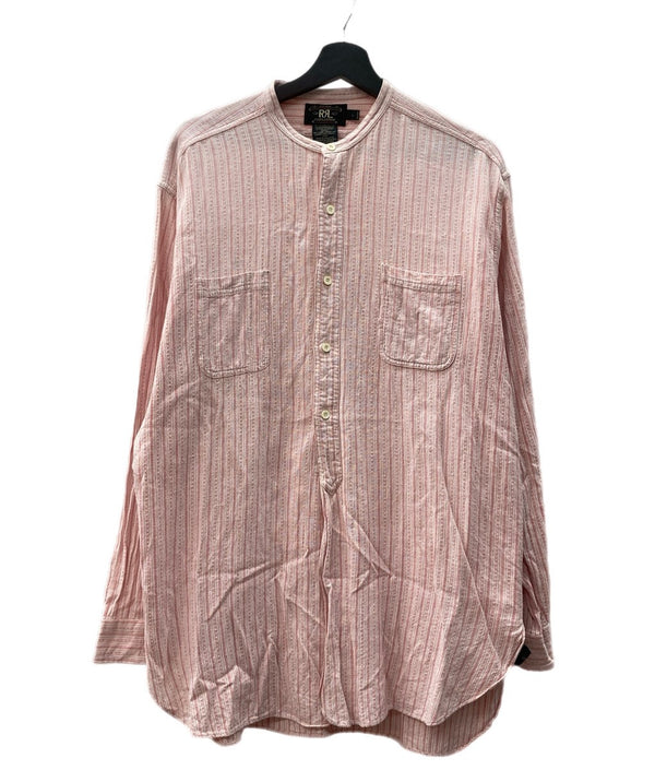 ダブルアールエル RRL 90s 三ツ星タグ バンドカラー ノーカラー マチ付き  グランパシャツ リネン混 長袖シャツ ストライプ ピンク Lサイズ 104MT-2060