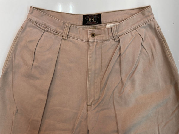 ダブルアールエル RRL 90s TACK CHINO PANTS タック チノ パンツ ジップフライ ワーク トラウザーズ 三ツ星タグ USA製 Ralph Lauren 薄茶 無地 チノパン ベージュ 31×34 104MB-342