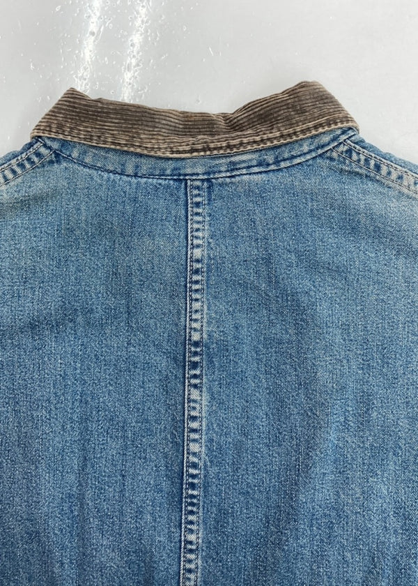 ダブルアールエル RRL 90s COVERALL JACKET カバーオール ジャケット 三ツ星タグ 裏地オンブレチェック コーデュロイ USA製 Ralph Lauren 青 ジャケット 無地 ブルー Mサイズ 104MT-1350