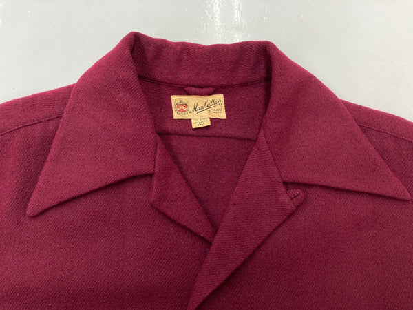 ヴィンテージ vintage 40s~ 40年代 Manhattan マンハッタン ウール オープンカラー 開襟 ロングポイント 朱色 サイズ 2 長袖シャツ 無地 ワインレッド 104MT-1312