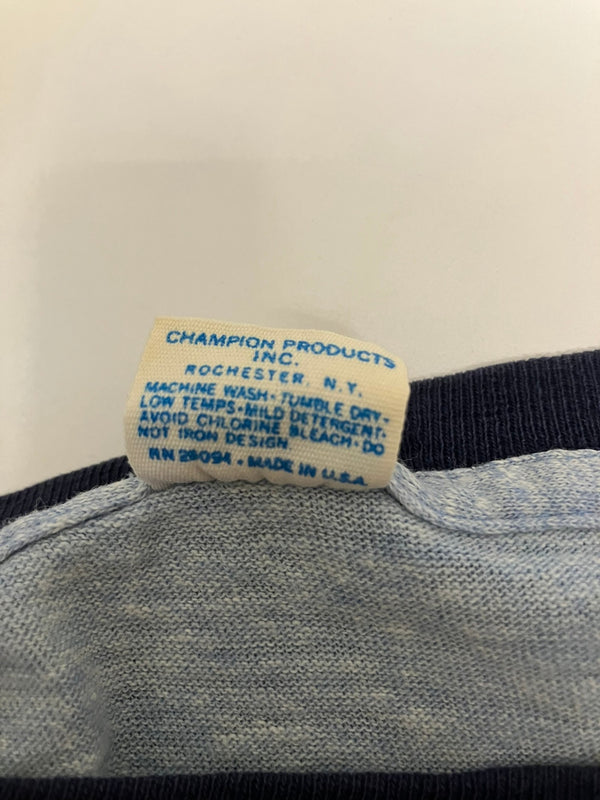 チャンピオン Champion 70's 70年代 バータグ 蝶 バタフライ DAY CAMP 染み込み プリント vintage ヴィンテージ made in USA アメリカ製 リンガーＴ Tシャツ ベージュ Mサイズ 101MT-4037