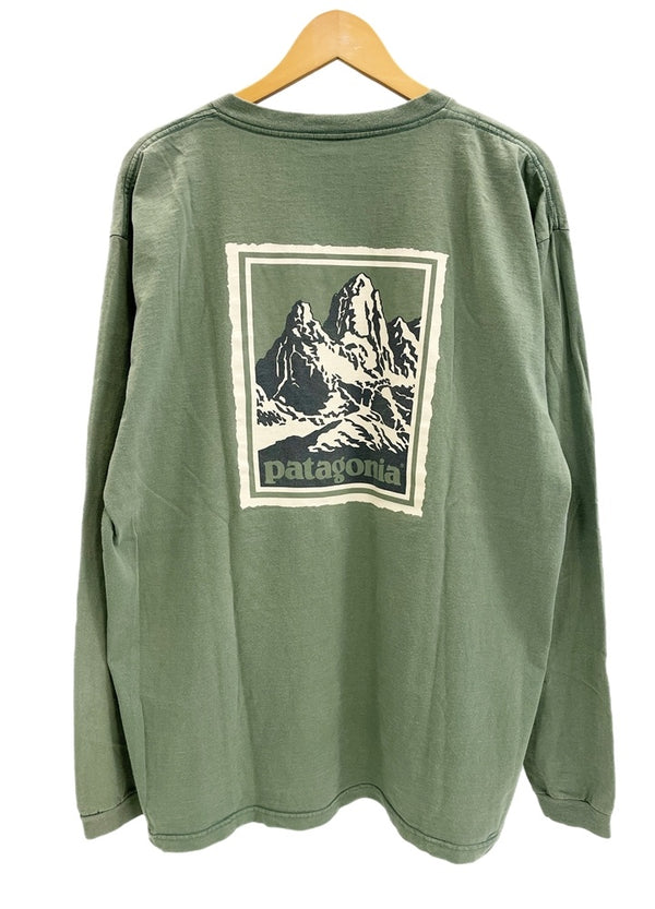 パタゴニア PATAGONIA 90s Vintage ヴィンテージ USA製 Mountainロゴ Tee マウンテンロゴ プリント 長袖カットソー XL Tシャツ グリーン LLサイズ 101MT-4715