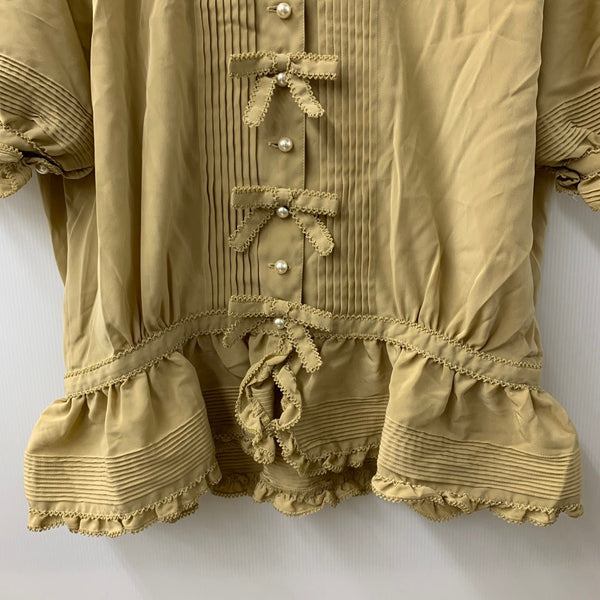 カネコイサオ kaneko isao ワンダフルワールド リボン ブラウス フリル パールボタン 半袖シャツ ベージュ 201LT-435