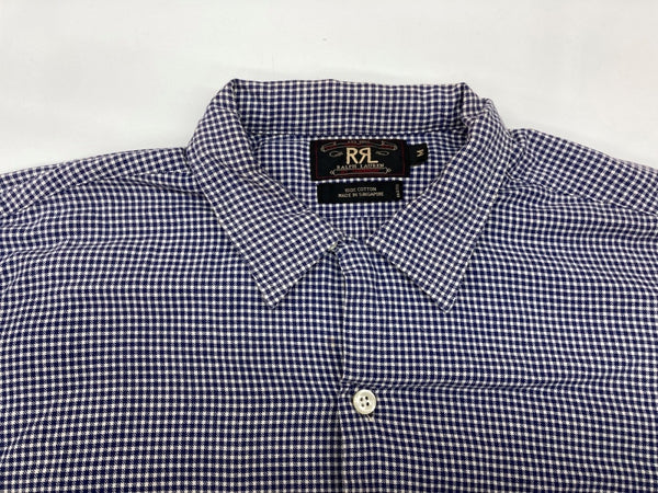 ダブルアールエル RRL 90s 三ツ星タグ SHIRT ステンカラー オープンカラー 開襟 フロントボタン ヴィンテージ VINTAGE ラルフローレン RALPH LAUREN ギンガムチェック コットン シンガポール製 BLUE 青 長袖シャツ 総柄 ブルー Mサイズ 104MT-1972