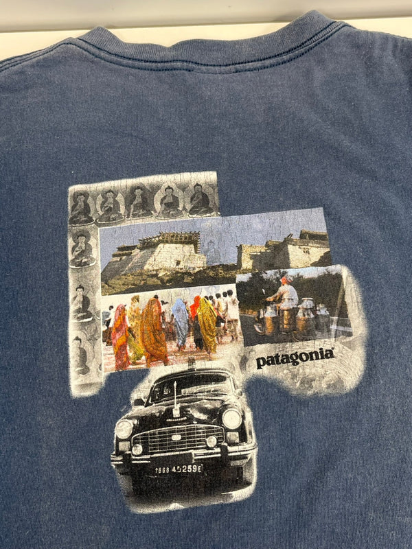 パタゴニア PATAGONIA 90's 90年代 Beneficial タグ クラシックカー 両面プリント  USA製 アメリカ製 青 vintage ヴィンテージ XL Tシャツ ブルー LLサイズ 101MT-4722