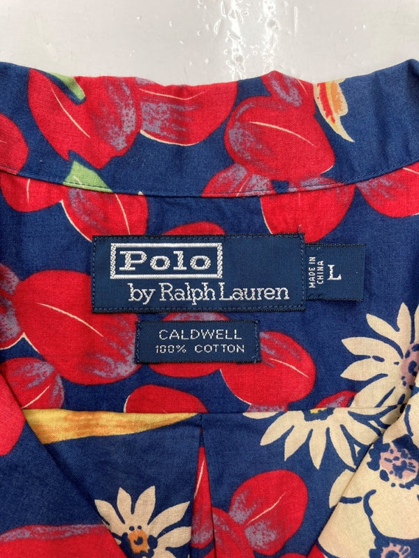ラルフローレン RalphLauren 90s OPEN COLLAR SHIRT オープン カラー シャツ アロハ ハワイアン 半袖 開襟 紺 半袖シャツ 花・植物 マルチカラー Lサイズ 104MT-1508