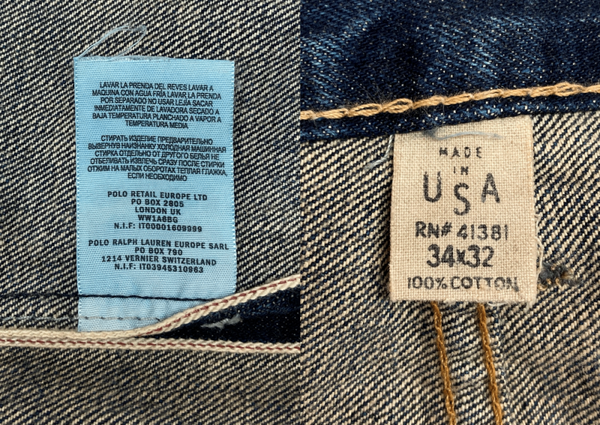 ダブルアールエル RRL DENIM PANTS デニム パンツ 赤耳 セルビッチ ボタンフライ ジーパン ジーンズ USA製 Ralph Lauren インディゴ 青 ロゴ デニム ブルー 34×32 104MB-352