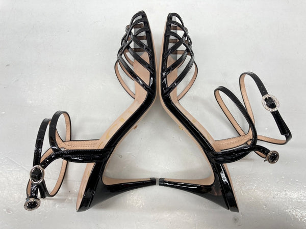 グッチ GUCCI Rhinestone Cross Strap Sandals ラインストーン クロス ピンヒール ミュール パンプス BLACK 黒 レディース靴 サンダル ストラップ ブラック SIZE37 1/2 104S-864