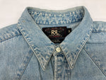 ダブルアールエル RRL 90s 三ツ星タグ DENIM SHIRT デニム ウエスタン メタルスナップボタン ヴィンテージ VINTAGE ラルフローレン RALPH LAUREN マレーシア製 ライトブルー 水色 長袖シャツ 無地 ブルー Mサイズ 104MT-1956