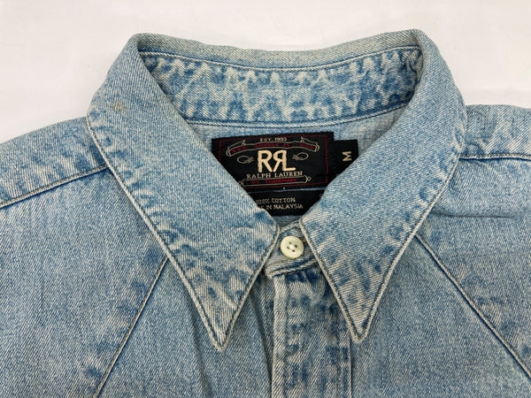ダブルアールエル RRL 90s 三ツ星タグ DENIM SHIRT デニム ウエスタン メタルスナップボタン ヴィンテージ VINTAGE ラルフローレン RALPH LAUREN マレーシア製 ライトブルー 水色 長袖シャツ 無地 ブルー Mサイズ 104MT-1956