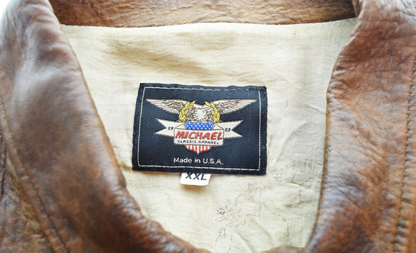 US US古着 MICHAEL CLASSIC APPAREL 90's  A-2 TYPEレザーフライトジャケット XXl ジャケット ブラウン 3Lサイズ 103MT-3509