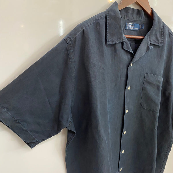 【曜日割引対象外】 ラルフローレン POLO by Ralph Lauren 半袖 オープンカラー リネンシャツ 半袖シャツ ブラック Lサイズ 201MT-4092 VB