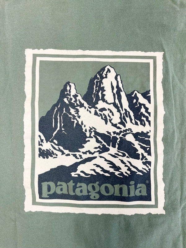 パタゴニア PATAGONIA 90s Vintage ヴィンテージ USA製 Mountainロゴ Tee マウンテンロゴ プリント 長袖カットソー XL Tシャツ グリーン LLサイズ 101MT-4715