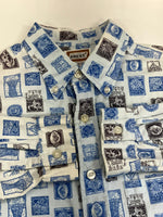 ヴィンテージ vintage 60's 60年代 GOLDEN BRENT ブレント 総柄 切手柄 stamp pattern 長袖シャツ ブルー Mサイズ 101MT-3943