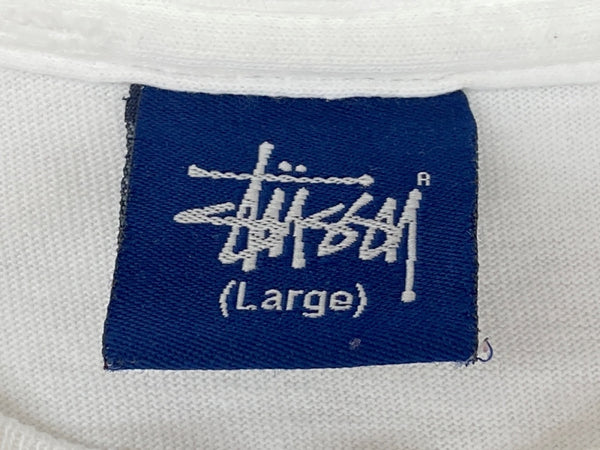 ステューシー STUSSY オールド OLD 紺タグ 90's 00's 半袖 カットソー クルーネック シングルステッチ プリント ロゴ WHITE 白 Tシャツ ワンポイント ホワイト Lサイズ 104MT-1777
