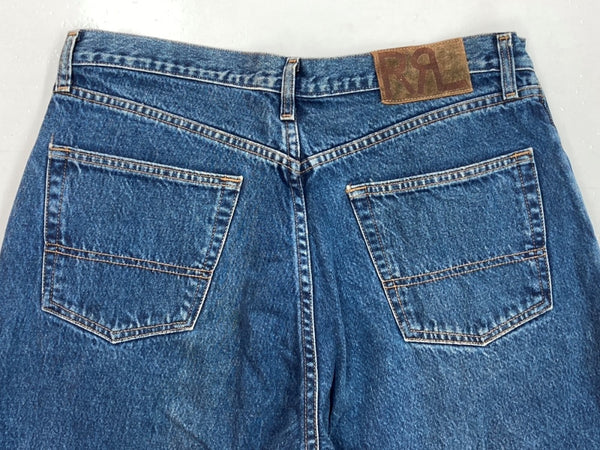 ダブルアールエル RRL 90s DENIM PANTS デニム パンツ ジップフライ ジーパン ジーンズ USA製 Ralph Lauren インディゴ 青 ロゴ R004 デニム ブルー サイズ 34 104MB-213