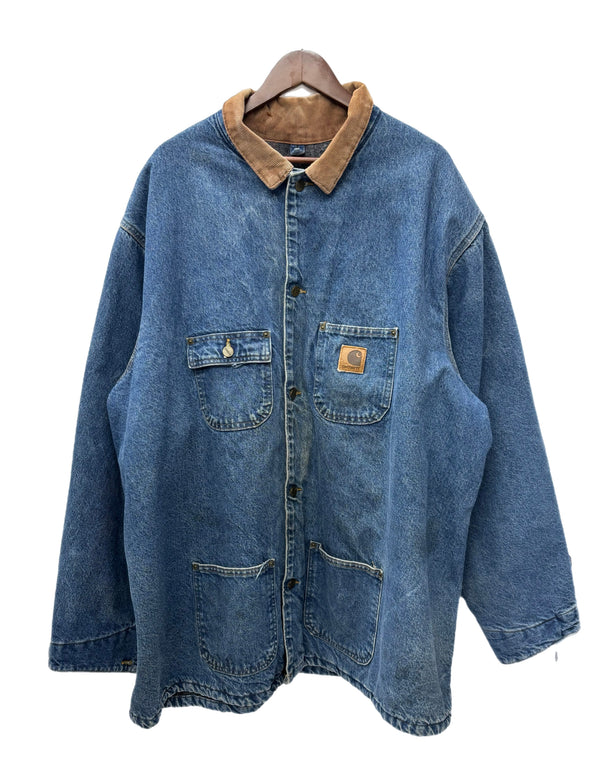 【曜日割引対象外】 カーハート Carhartt 00's デニムチョアコート 襟コーデュロイ 裏地ブランケット USA製 コート ブルー 3XLサイズ 201MT-2793 VB