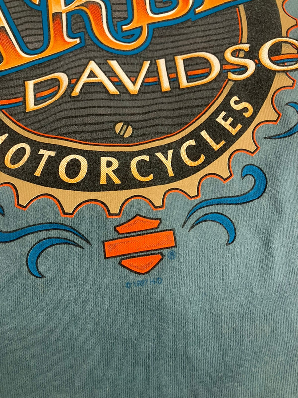 ハーレーダビッドソン Harley-Davidson 90’s  90年代 バーアンドシールドロゴ モーターサイクル  両面プリント MADE IN USA アメリカ製 VINTAGE ヴィンテージ  Tシャツ グリーン Lサイズ 101MT-4590