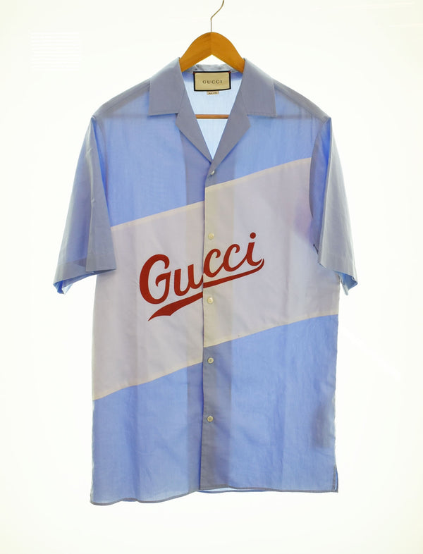 グッチ GUCCI Script Logo Oversized Bowling Shirt スクリプト ロゴ オーバーサイズ 半袖 ボーリング シャツ ボウリング 619033 ZAEN3 42 半袖シャツ ブルー 103MT-2292