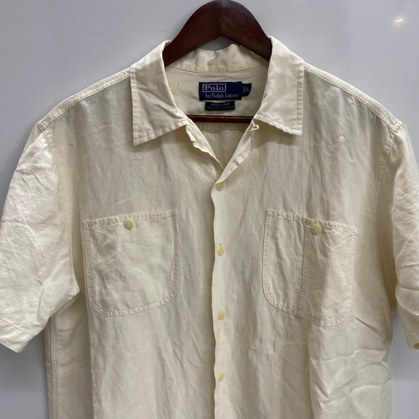 【曜日割引対象外】 ラルフローレン POLO RALPH LAUREN 90's BEACH CAMP オープンカラーシャツ リネン シルク 半袖シャツ ホワイト Lサイズ 201MT-3891 VB