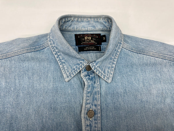 ダブルアールエル RRL 90s 三ツ星タグ DENIM SHIRT デニムシャツ ステンカラー メタルボタン ヴィンテージ VINTAGE ラルフローレン RALPH LAUREN コットン モーリシャス製 ライトブルー 長袖シャツ 無地 ブルー Mサイズ 104MT-1974
