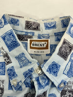 ヴィンテージ vintage 60's 60年代 GOLDEN BRENT ブレント 総柄 切手柄 stamp pattern 長袖シャツ ブルー Mサイズ 101MT-3943