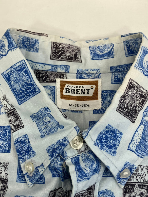 ヴィンテージ vintage 60's 60年代 GOLDEN BRENT ブレント 総柄 切手柄 stamp pattern 長袖シャツ ブルー Mサイズ 101MT-3943