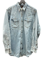 ダブルアールエル RRL 90s 三ツ星タグ DENIM SHIRT デニム ウエスタン メタルスナップボタン ヴィンテージ VINTAGE ラルフローレン RALPH LAUREN マレーシア製 ライトブルー 水色 長袖シャツ 無地 ブルー Mサイズ 104MT-1956