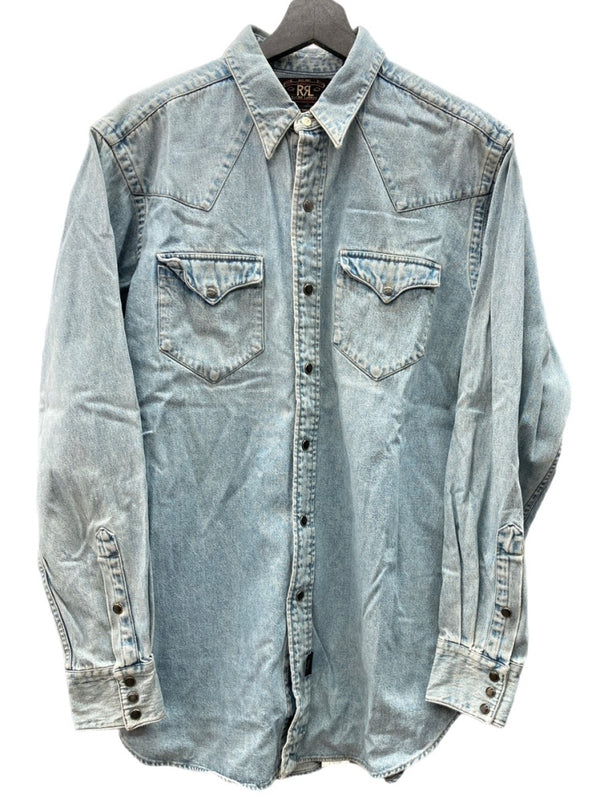 ダブルアールエル RRL 90s 三ツ星タグ DENIM SHIRT デニム ウエスタン メタルスナップボタン ヴィンテージ VINTAGE ラルフローレン RALPH LAUREN マレーシア製 ライトブルー 水色 長袖シャツ 無地 ブルー Mサイズ 104MT-1956
