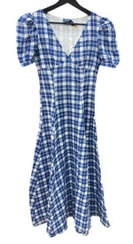 ラルフローレン RalphLauren ポロ POLO 現行タグ プラッド コットン Vネック ドレス Aライン アンクル丈 パフドスリーブ インド製 BLUE 青 211845958001 ワンピース ギンガムチェック ブルー SIZE0 104LT-194