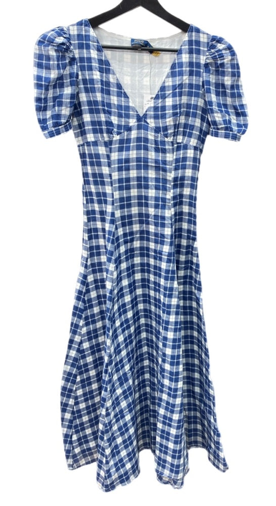 ラルフローレン RalphLauren ポロ POLO 現行タグ プラッド コットン Vネック ドレス Aライン アンクル丈 パフドスリーブ インド製 BLUE 青 211845958001 ワンピース ギンガムチェック ブルー SIZE0 104LT-194
