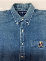 ラルフローレン RalphLauren 90s POLO BEAR DENIM SHIRT ポロ ベア デニム シャツ ボタンダウン 胸ポケット 刺繍 長袖 青 長袖シャツ ロゴ ブルー Lサイズ 104MT-2307