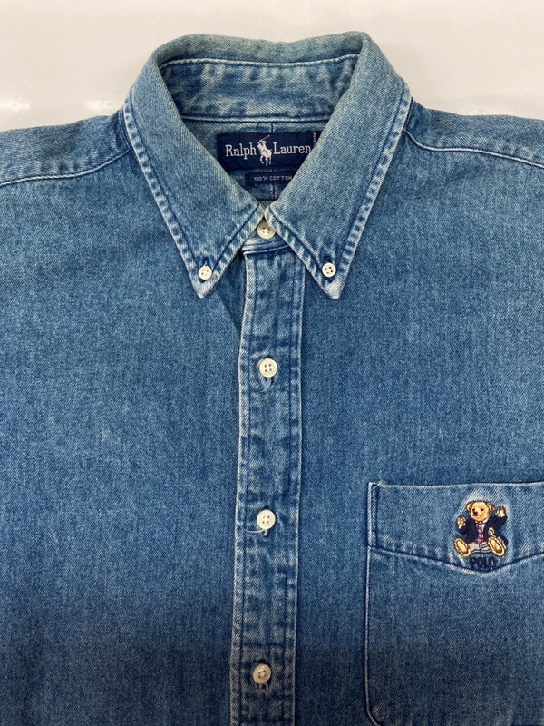 ラルフローレン RalphLauren 90s POLO BEAR DENIM SHIRT ポロ ベア デニム シャツ ボタンダウン 胸ポケット 刺繍 長袖 青 長袖シャツ ロゴ ブルー Lサイズ 104MT-2307