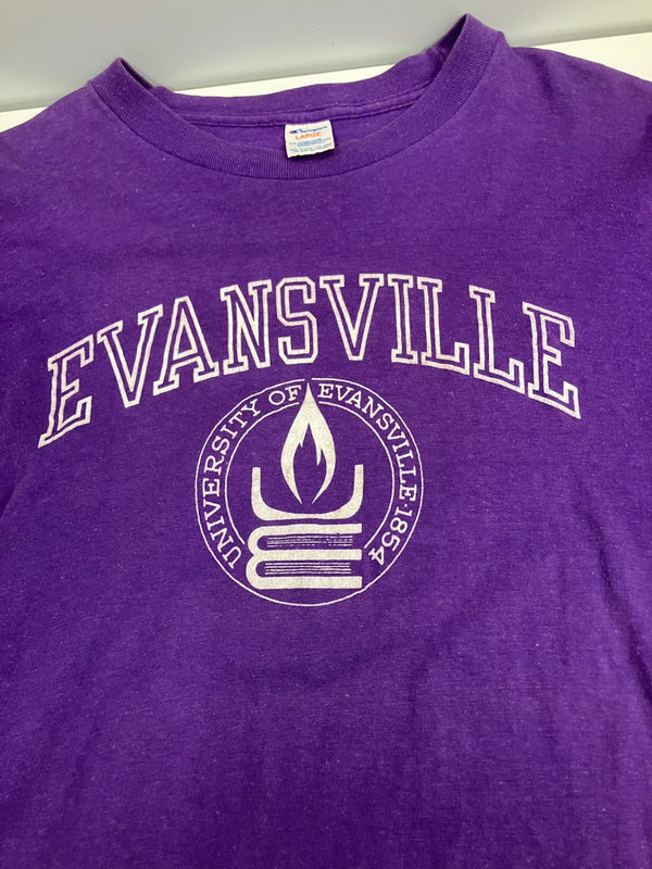 チャンピオン Champion 80's 80年代 トリコタグ カレッジロゴ EVANSVILLE エバンズビル大学 2段プリント  VINTAGE ヴィンテージ Tシャツ パープル Lサイズ 101MT-4750