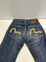 エヴィス EVISU Lot.2001 黄色刺繍カモメ ボタンフライ 緑耳 迷彩柄ポケット 日本製 MADE IN JAPAN デニム ブルー 30×35 101MB-768