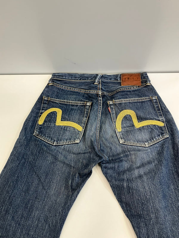 エヴィス EVISU Lot.2001 黄色刺繍カモメ ボタンフライ 緑耳 迷彩柄ポケット 日本製 MADE IN JAPAN デニム ブルー 30×35 101MB-768