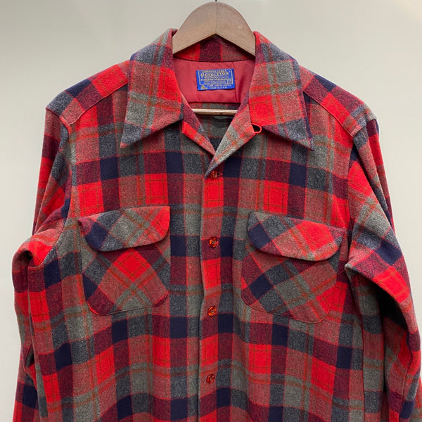 【曜日割引対象外】 ペンドルトン PENDLETON 70's 開襟シャツ シャドーチェック ウール 長袖シャツ レッド Mサイズ 201MT-4399 VB